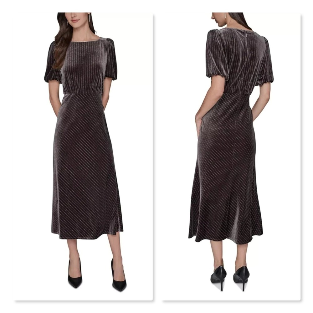 Karl Lagerfeld Paris Velvet Pinstripe Rhinestone Midi Maxi Dress Brown 8 Holiday